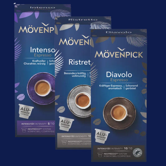 Movenpick Espresso Collection ( Ristretto 10 - Diavolo 10 - Intenso 8 ) Nespresso Compatible Aluminum capsules, 3 packs