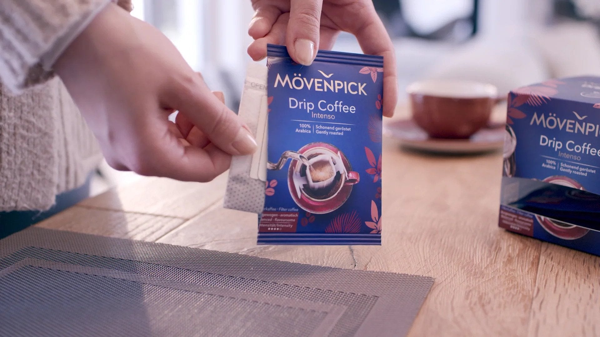 Load video: Freshly brewed coffee at any time with Mövenpick Drip Coffee. Watch our how to use video and see how quick and easy this finest Mövenpick filter coffee is to prepare. Handy single-dose pouches allow you to enjoy cup after cup of freshly brewed coffee.